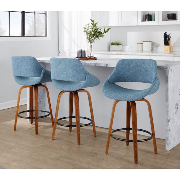 Fabrico 26 in. Blue Noise Fabric and Walnut Wood Fixed-Height Counter Stool (Set of 3)