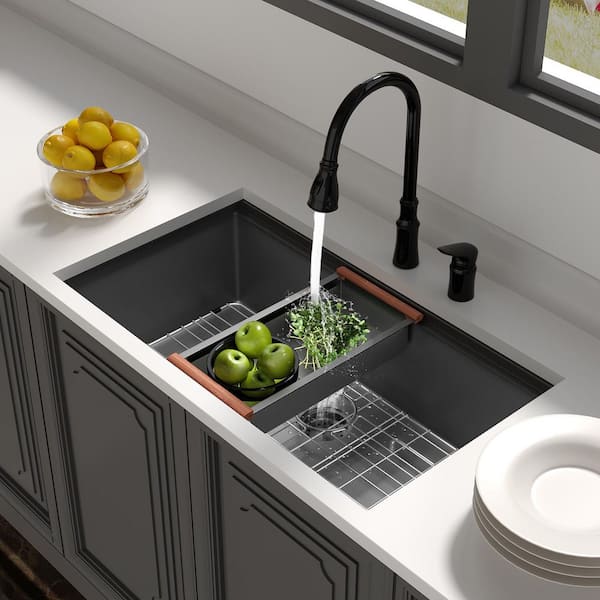 28 in. Gunmetal Black Single Bowl Undermount Workstation Kitchen Sink 16-Gauge Stainless Steel with Cutting Board