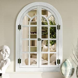 24 in. W x 36 in. H Windowpane Arched White Wood Framed Wall Mirror Farmhouse Decorative Mirror