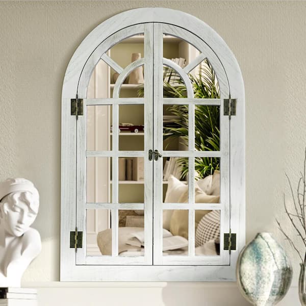 Hochwertiges 24 in. W x 36 in. H Farmhouse Arched White Wood Framed Windowpane Wall Mirror