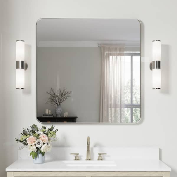 ANGELES HOME 36 in. W x 36 in. H Square Aluminum Framed Wall Bathroom Vanity Mirror in Brushed Nickel