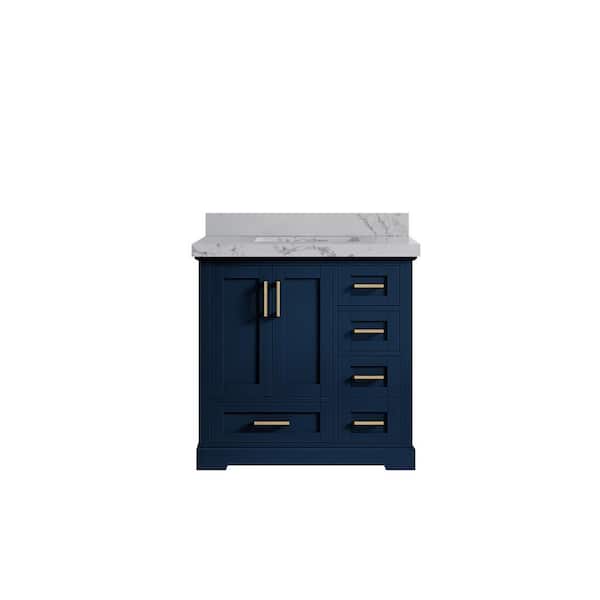 Willow Collections Boston 36 in. W x 22 in. D x 36 in. H Single Sink Bath Vanity Center in Navy Blue with 2 in. Venatino Qt. Top