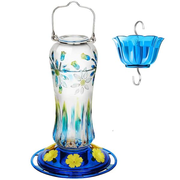 Leak Proof Royal Blue Glass Bee Guard Hanging Hummingbird Nectar Feeder-25 oz. with Ant Moat 1-Pack
