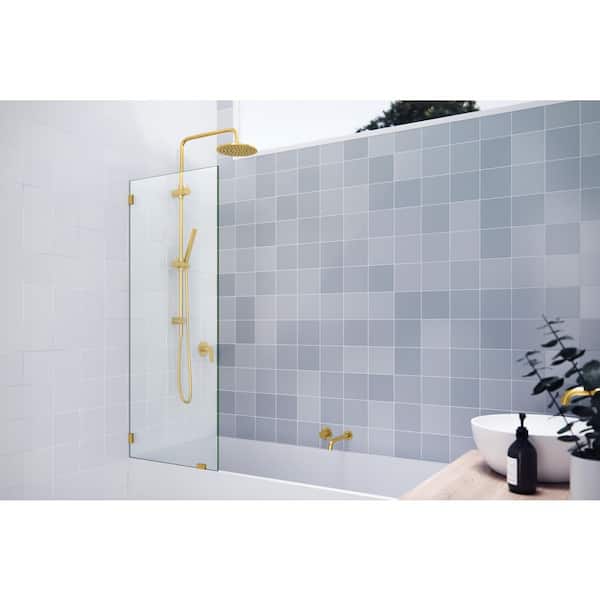 Vela 22.5 in. W x 58.25 in. H Frameless Fixed Panel Tub Door in Satin Brass with Clear Glass