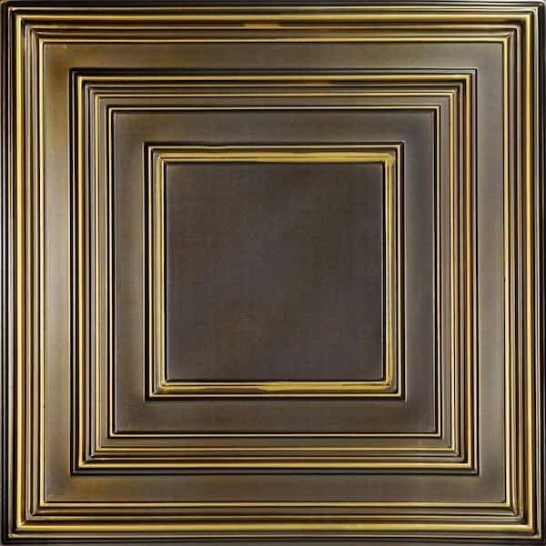 FROM PLAIN TO BEAUTIFUL IN HOURS Schoolhouse Antique Brass 2 ft. x 2 ft. PVC Glue-up or Lay-in Faux Tin Ceiling Tile
