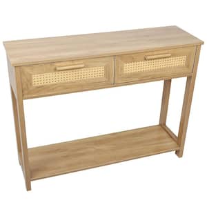 Natural Console Table with 2-Drawers, Sofa Table with open Storage Shelf, Narrow Accent Table with rattan design