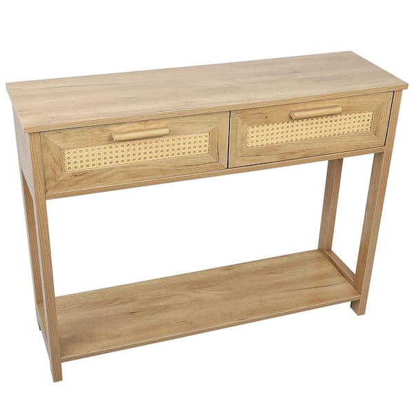 Tileon Natural Console Table with 2-Drawers, Sofa Table with open Storage Shelf, Narrow Accent Table with rattan design