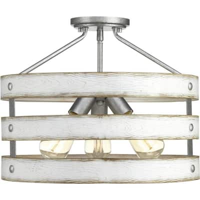 Gulliver 17 in. 3-Light Galvanized Coastal Semi-Flush Ceiling or Hanging Light with Painted Antique White Frame