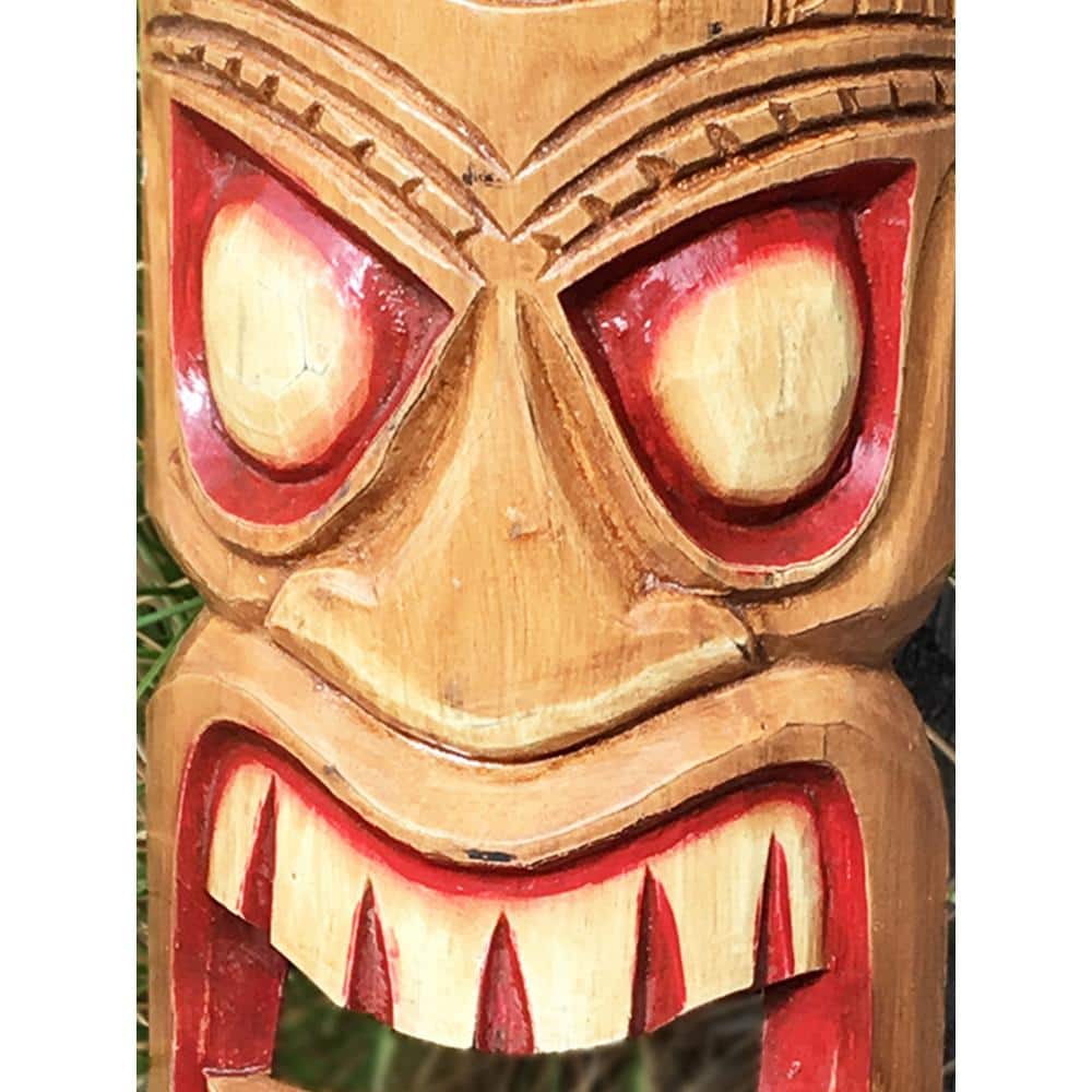 Hand-Carved 20" Red and Beige Wooden Tiki Mask Wall Decor