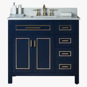 Millan 37 in.W x 22 in.D x 38 in.H Bath Vanity in Navy Blue with Engineered stone Vanity Top in White with White Sink