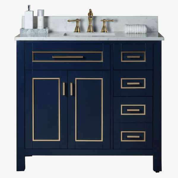 WOODBRIDGE Millan 37 in.W x 22 in.D x 38 in.H Bath Vanity in Navy Blue with Engineered stone Vanity Top in White with White Sink