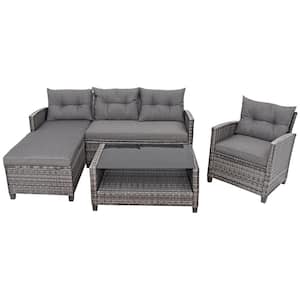 4-Piece Plastic Wicker Outdoor Sectional Set with Gray Cushion Patio Rattan Furniture Set Sofa Ottoman Garden Deck