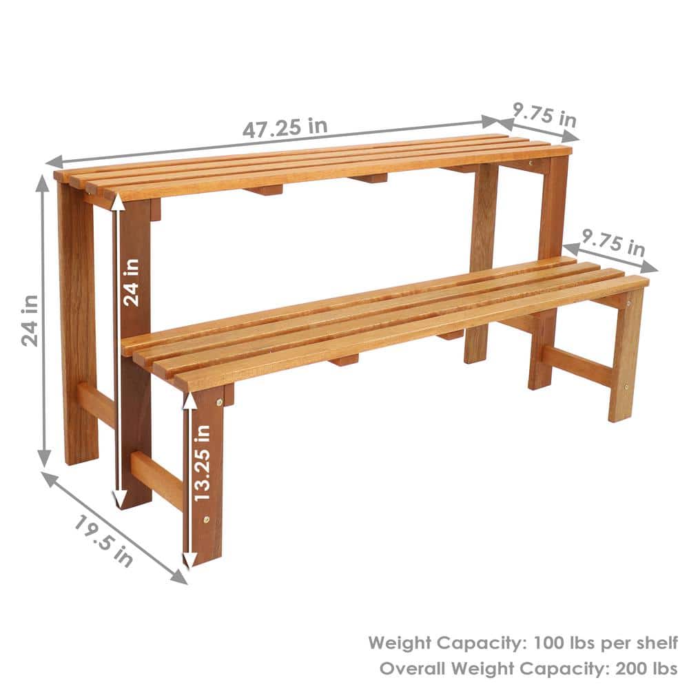 Brown Meranti Wood 2-Tier Outdoor Plant Stand with Teak Oil Finish