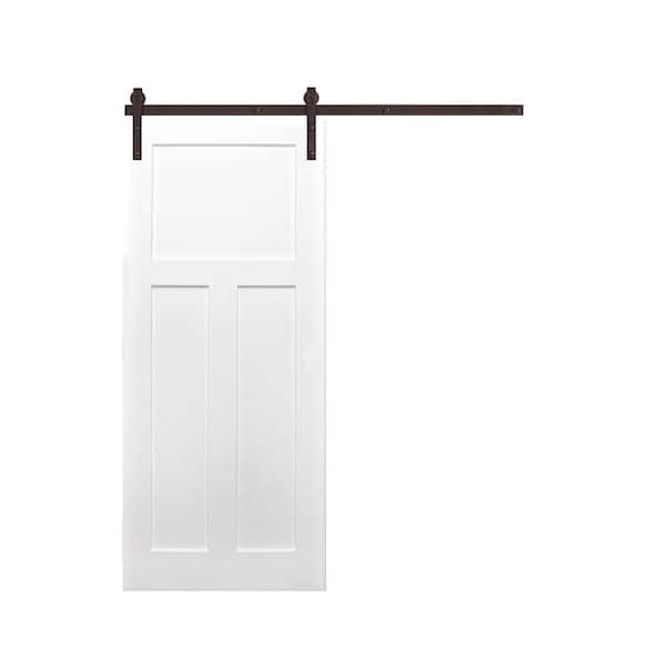 Pacific Entries 30 in. x 80 in. 3-Panel Unfinished Prime Solid Pine Wood Interior Sliding Barn Door with Oil Rubbed Bronze Hardware Kit