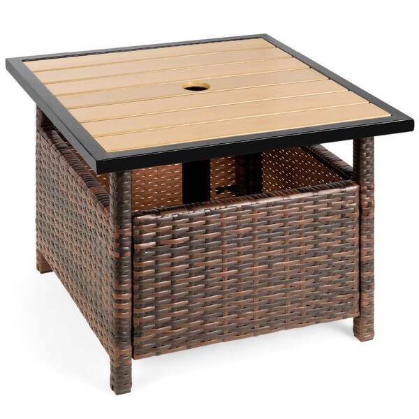 Unbranded Brown Square Wicker Outdoor Side Table with Umbrella Hole