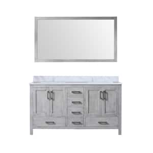 Jacques 60 in. W x 22 in. D Distressed Grey Double Bath Vanity, Carrara Marble Top, and 58 in. Mirror