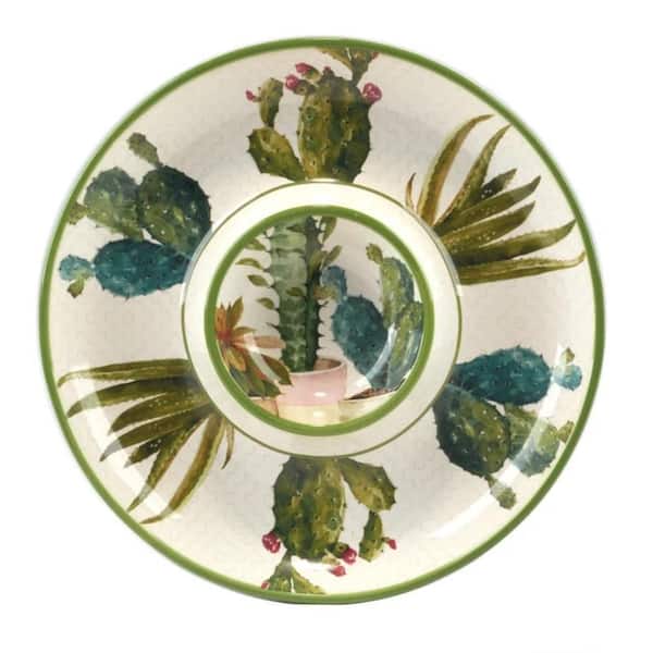 Certified International Cactus Verde 13.5 in. Multi-Colored Earthenware Round Chip And Dip Server