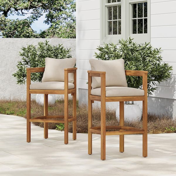 Yuri 28 in. Solid Wood Patio Outdoor Bar Stool with Beige Cushions, Curved Back, Arms, Teak Finish, (Set of 2)