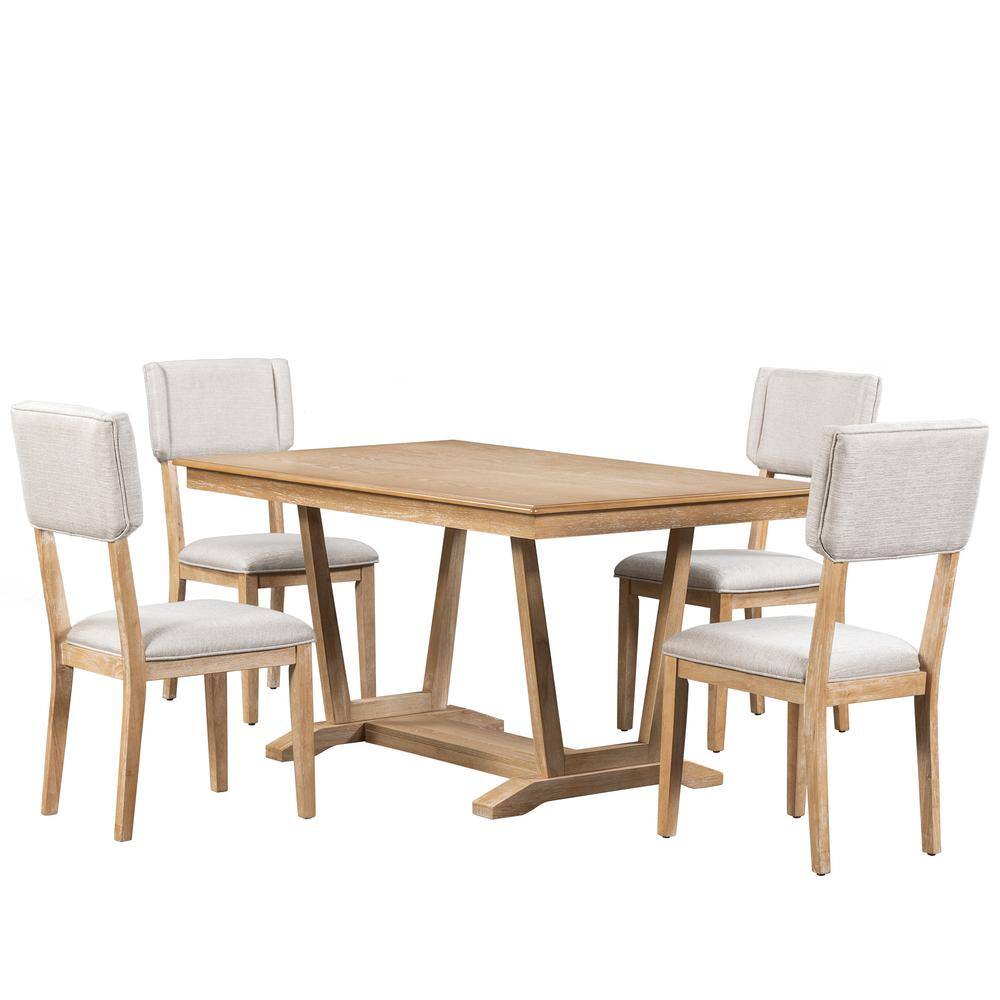 Light Brown 5-Piece Wood Outdoor Dining Rectangular Table Set with 4-Uphols