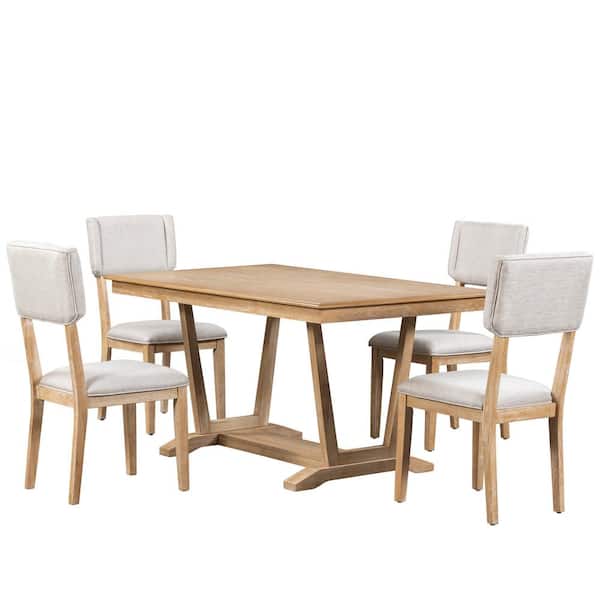 Unbranded Light Brown 5-Piece Wood Outdoor Dining Rectangular Table Set with 4-Upholstered Chairs, Trestle Base and White Cushion