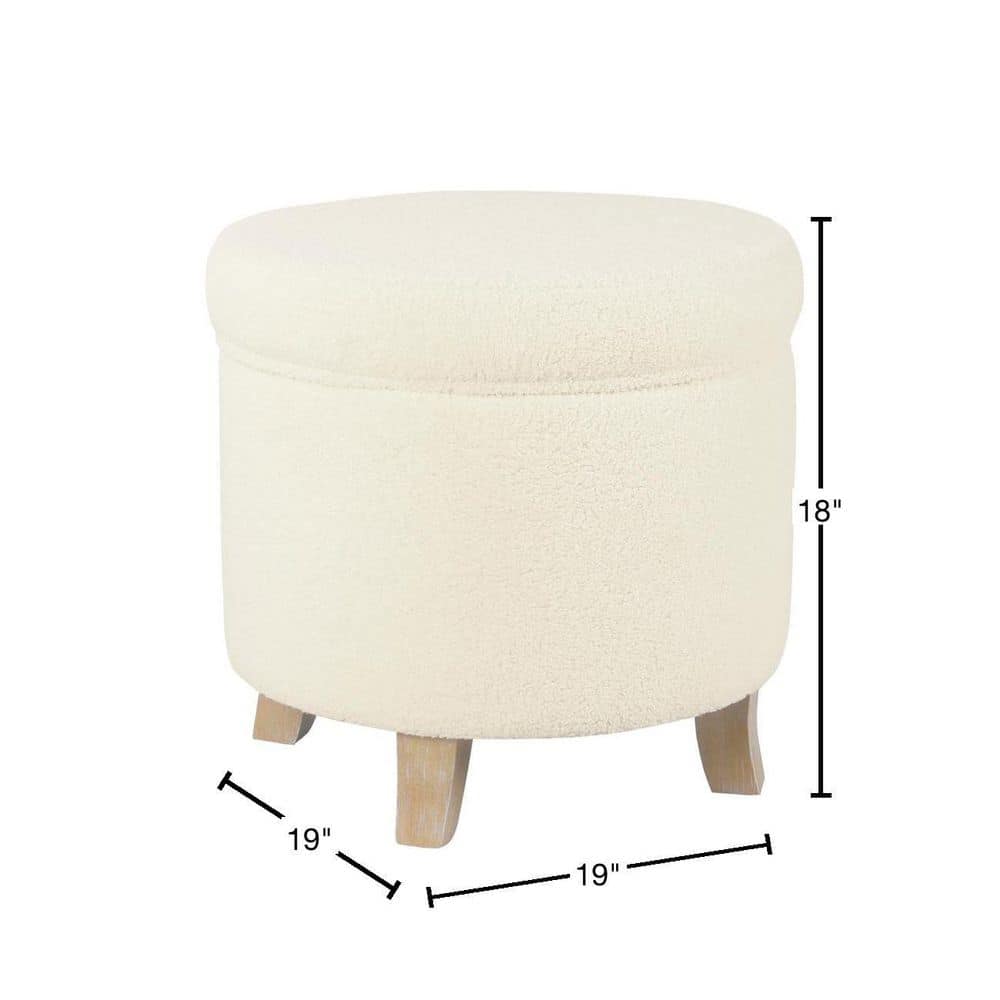 Cream Faux Sheepskin Round Storage Ottoman with Flared Wood Legs