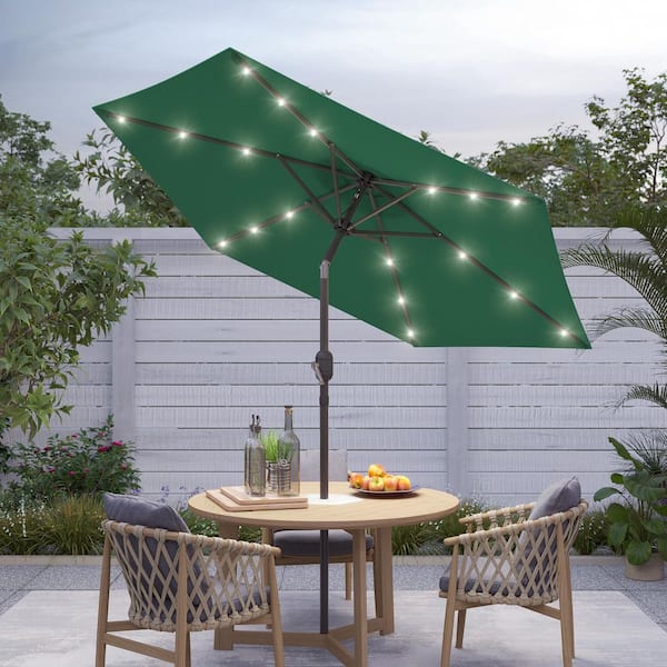 Sonkuki 7.5 ft. Solar Lighted LED Patio Market Crank and Tilt Umbrellas, Table Umbrellas,UV-Resistant Canopy in Dark Green