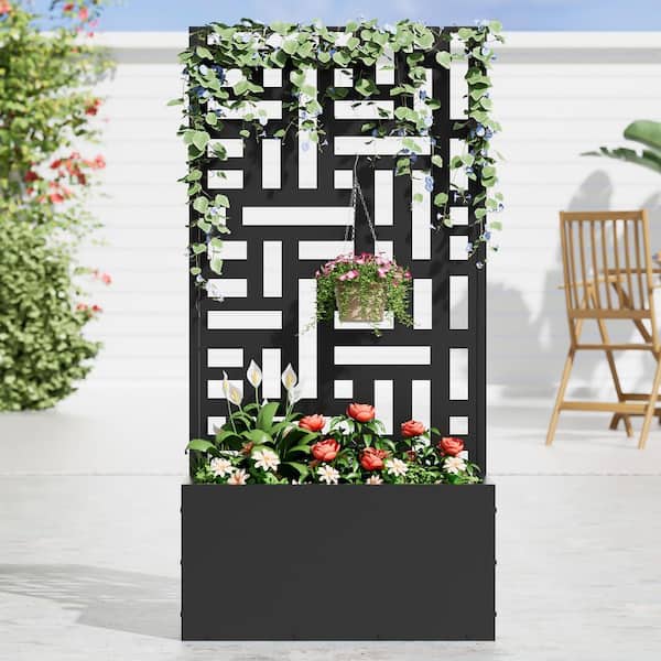 47 in. x11 in. x24 in. Black Metal Iron Raised Beds Planter Box with Attached Trellis for Climbing Vegetation