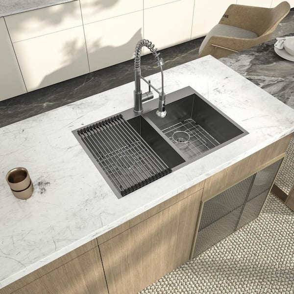 33 in. Drop-in Sink Double Bowl 50/50 18-Gauge Gunmetal Black Stainless Steel Kitchen Sink with Bottom Grids