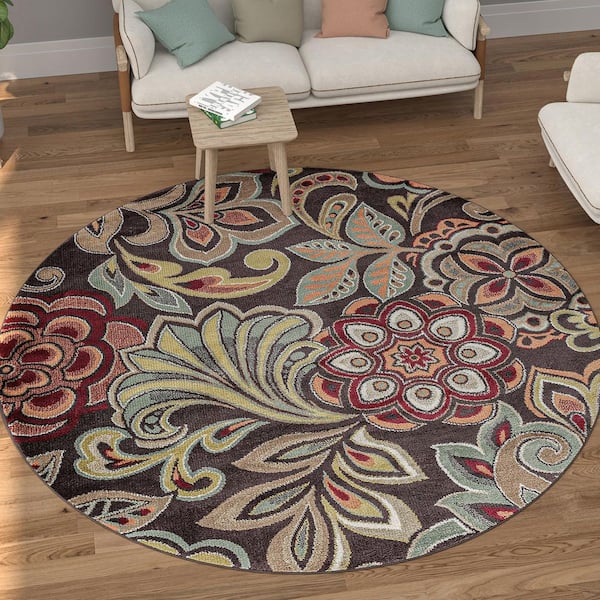 Deco Abstract Brown 8 ft. Round Indoor Area Rug