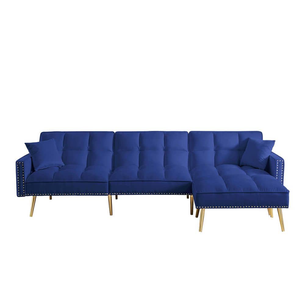 ZIRUWU 34.64 in. W Twin BLUE Velvet Upholstered Reversible Sectional