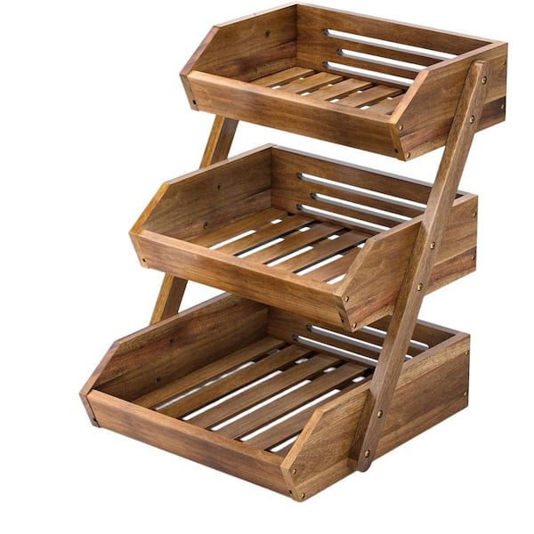 1 Piece 3-Tier Acacia Wood Fruit Basket, Good Load-Bearing Capacity, Easy to Clean and Install, Breathable Structure