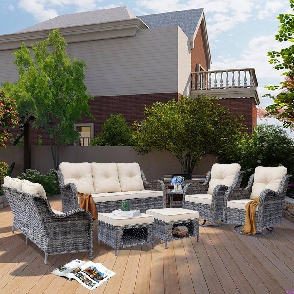 Gray 7-Piece Wicker Outdoor Patio Conversation Seating Sofa Set with Beige Cushions and Swivel Rocking Chairs price history on PriceWatchPro