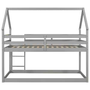 Twin Over Twin Size Wooden Gray Bunk Bed with Roof and Ladder, House Bunk Bed Frame for Kids, No Box Spring Required