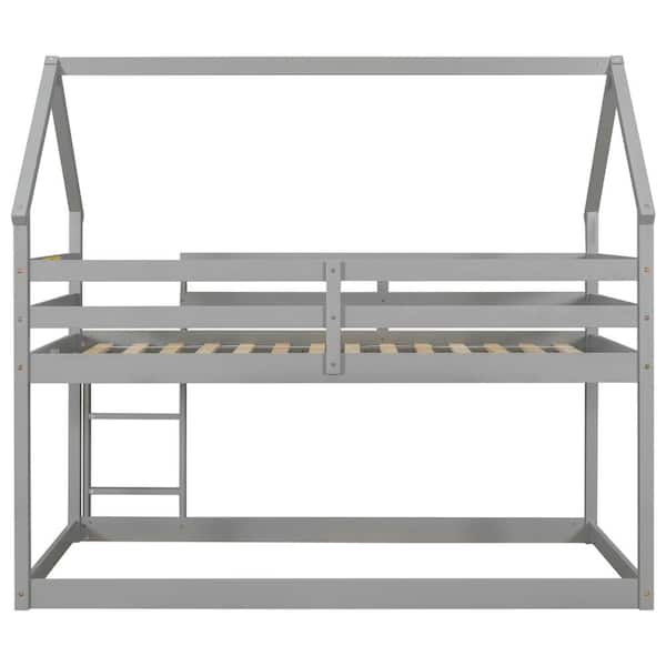 URTR Twin Over Twin Size Wooden Gray Bunk Bed with Roof and Ladder, House Bunk Bed Frame for Kids, No Box Spring Required