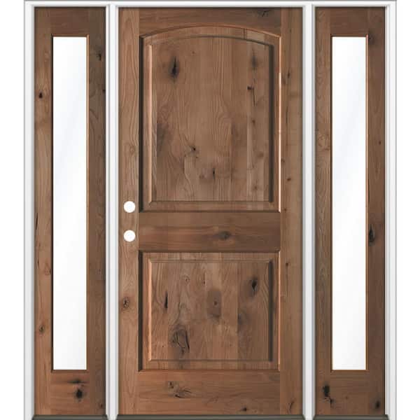 Krosswood Doors 70 x 96 in. Knotty Alder 2-Panel Arch-Top Right-Hand/Inswing Clear Glass True Black Stain Wood Prehung Front Door DFSL