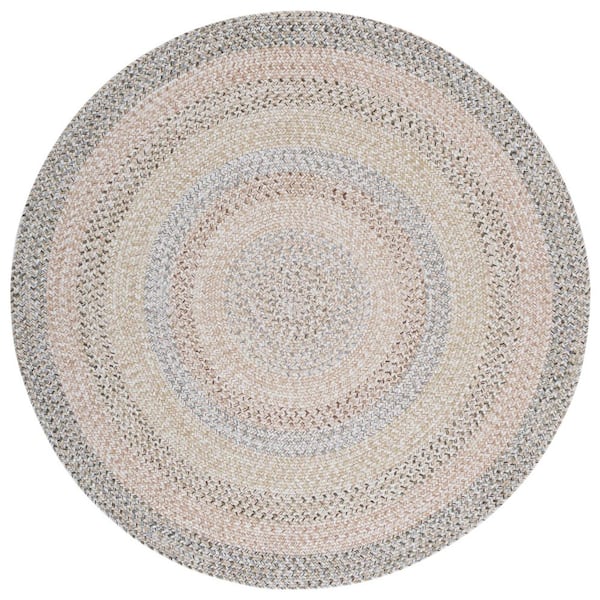 Braided Beige/Light Gary 3 ft. x 3 ft. Machine Washable Faded Striped Round Area Rug