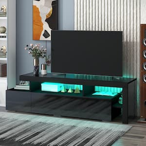 Black Modern Style TV Stand Fits TV's up to 70 in. with Cabinets, DVD Shelf, and 16-colored LED Lights