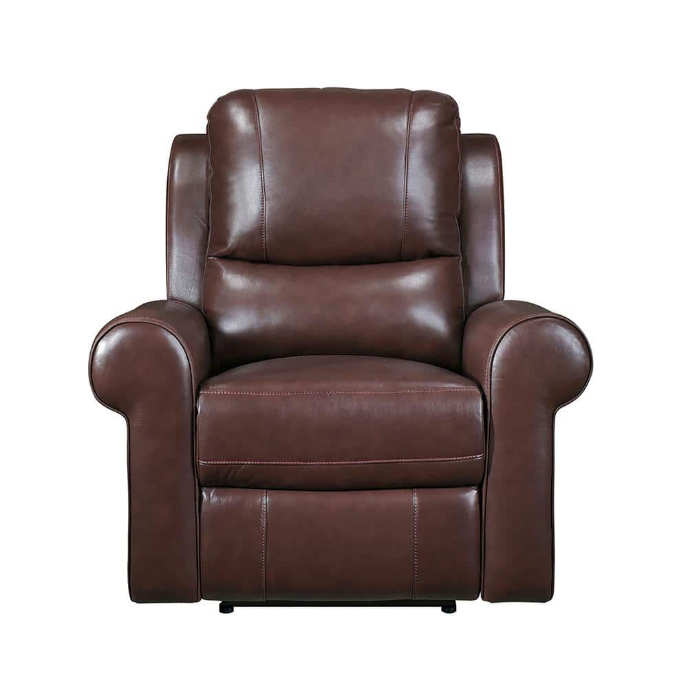 Brown Leather Power Recliner with Wood Frame and USB Port