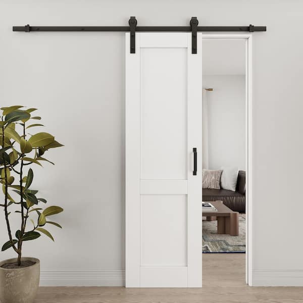 18 in. x 80 in. Paneled 2-Lite White Primed Solid Core MDF Sliding Barn Door with Hardware Kit