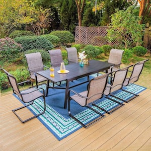 Black 9-Piece Metal Outdoor Patio Dining Set with Slat Extendable Table and C-Spring Textilene Chairs