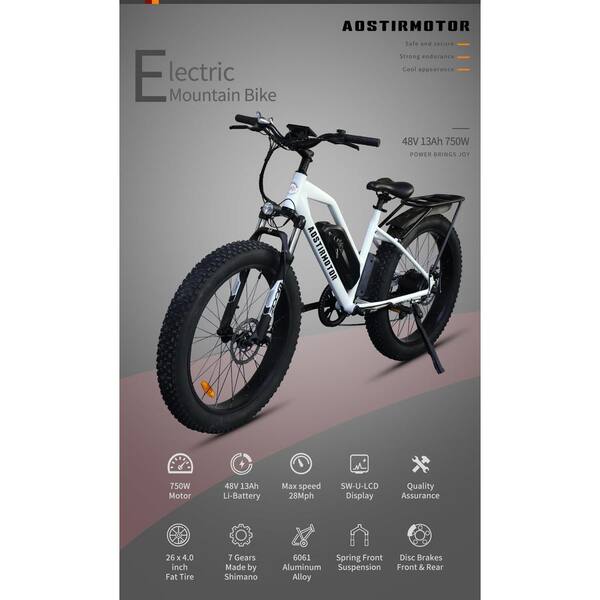 26 in. 750-Watt White Electric Bike Fat Tire P7 48-Volt 13AH