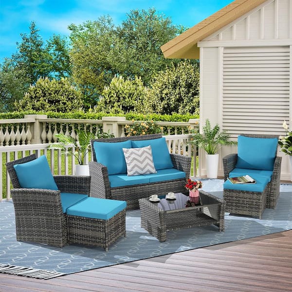 Sudzendf 6-Piece Metal Outdoor Metal All Weather Wicker Rattan Outdoor Sofa Conversation Set with Light Blue Cushion