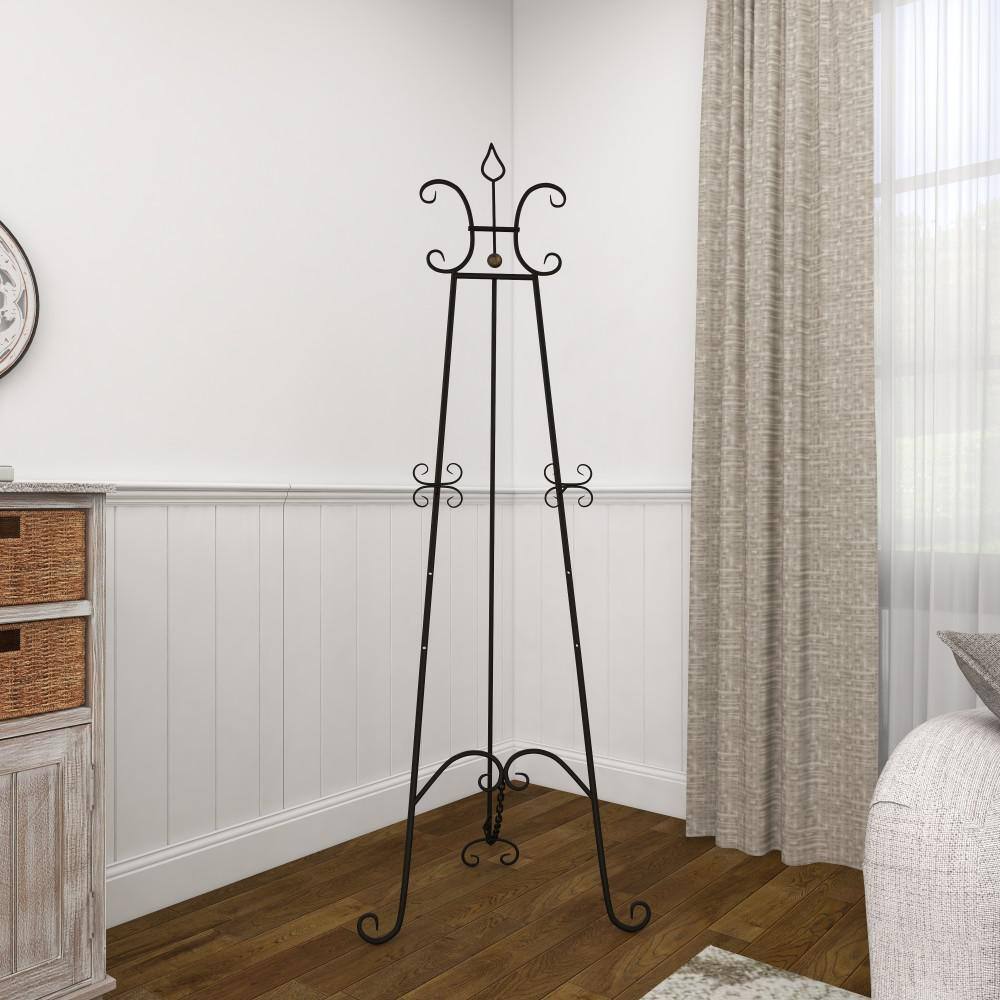 Black Metal Scroll Adjustable Floor Easel with Chain Support