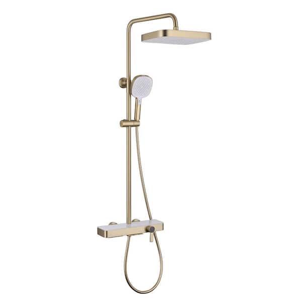 3-spray Square Shower Head Wall Mount Fixed and Handheld Shower Head Flow rate 2.11 GPM in Brushed Gold