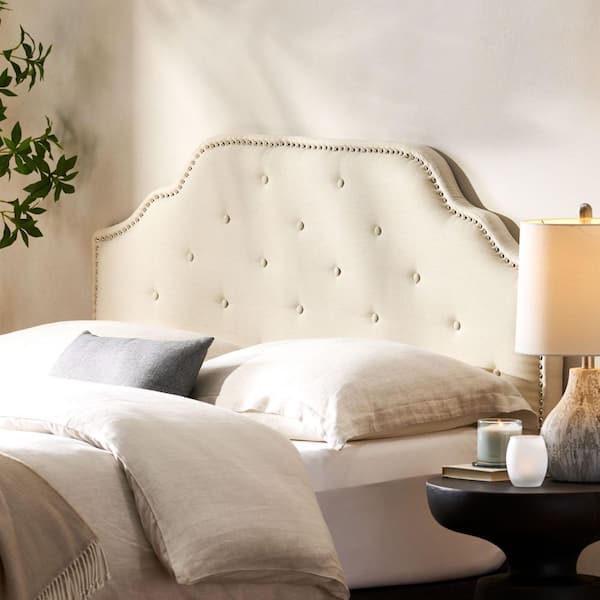 Beige Queen Size Solid Wood Tufted Upholstered Adjustable Height Headboard with Nailhead Trims, Metal Legs