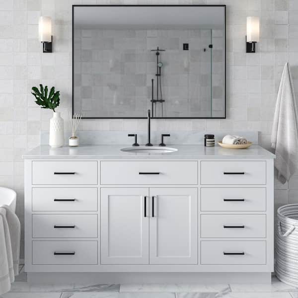 ARIEL Hepburn 67 in. W x 22 in. D x 35.25 in. H Freestanding Bath Vanity in White with Carrara White Marble Top