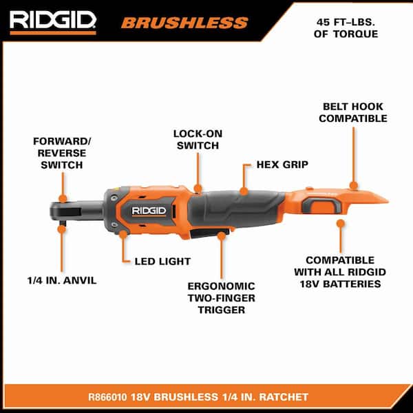 RIDGID R866010K 18V Brushless Cordless 1/4 in. Ratchet Kit with 2.0 Ah Battery and Charger - 3