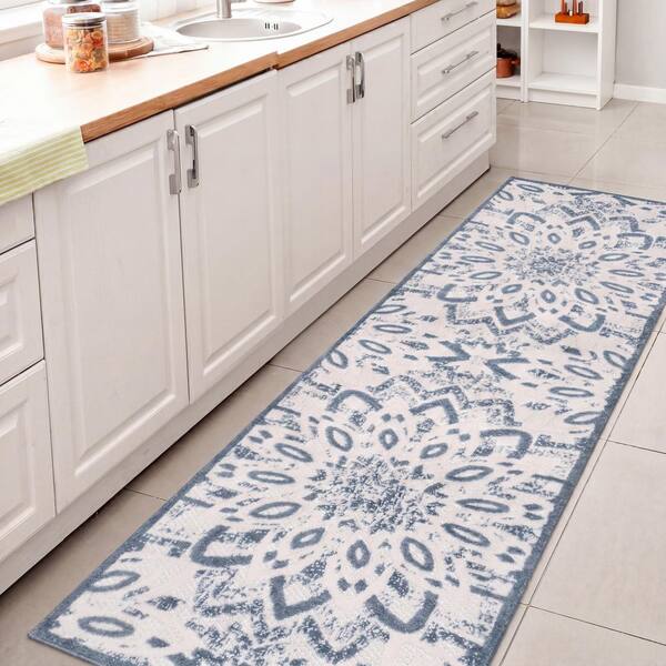 Flora Abstract Bold Mandala High-Low Cream/Dark Blue 2 ft. x 8 ft. Indoor/Outdoor Runner Rug