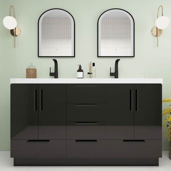 Carla 59 in. W x 20 in. D x 35 in. H Double Sink Freestanding Bath Vanity in Gloss Black with White Acrylic Top