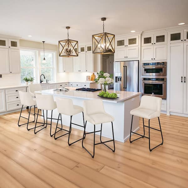 Mario 36 in. Ivory Metal Frame Faux Leather Counter Height Bar Stool with Thick Seat Cushion Set of 6